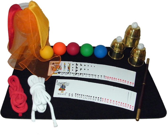 Zaubermaterial: Karten, Bälle, Seil, Becher, Tücher.